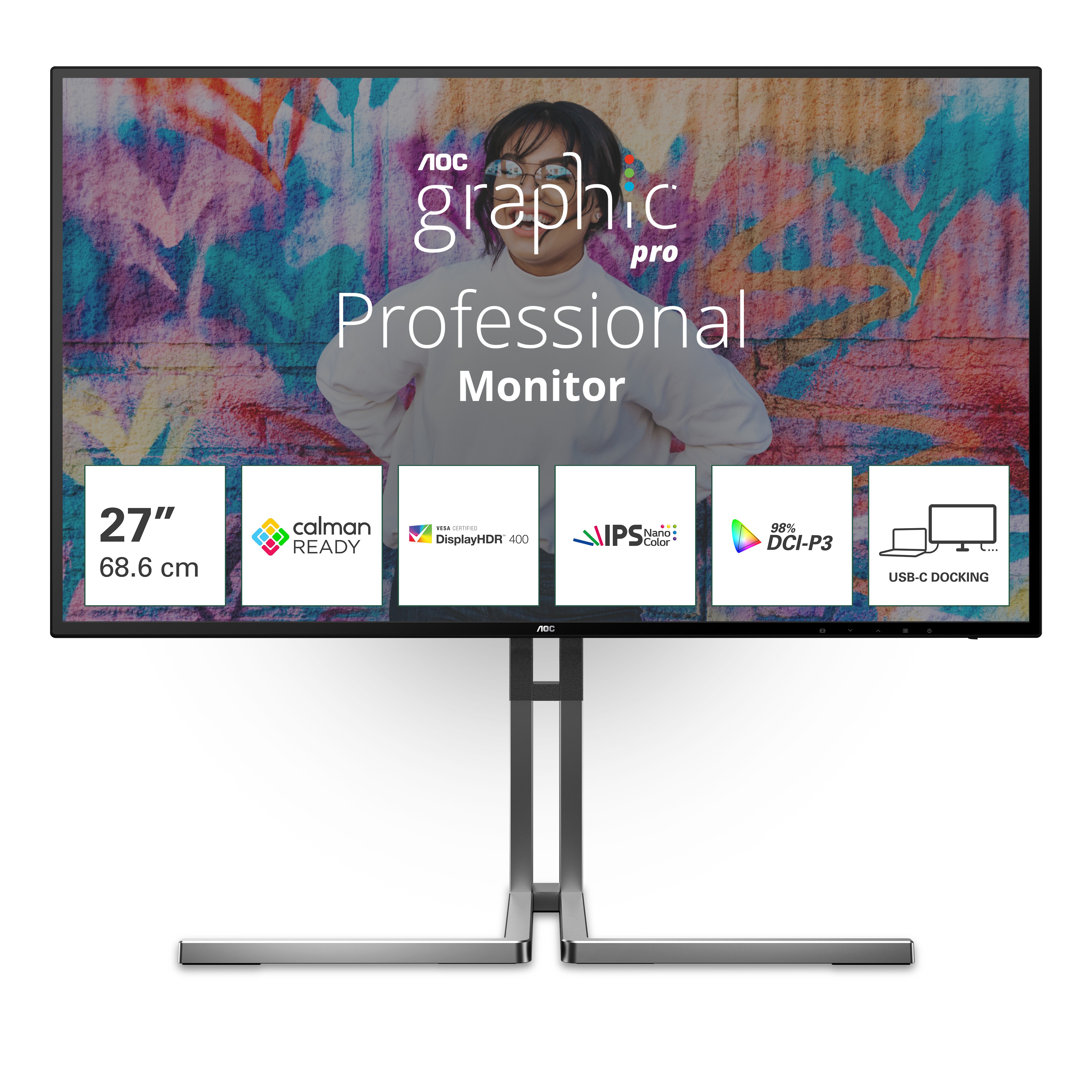 Monitor LED 27" AOC U27U3CV, 4K, HDMI, DP, USB-C, RJ45, Calma
